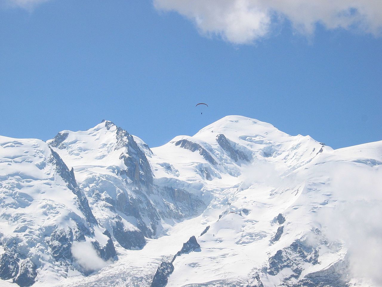 Le massif enneigé du mont Blanc vu depuis le Brévent, avec des pentes rocheuses et glaciaires.