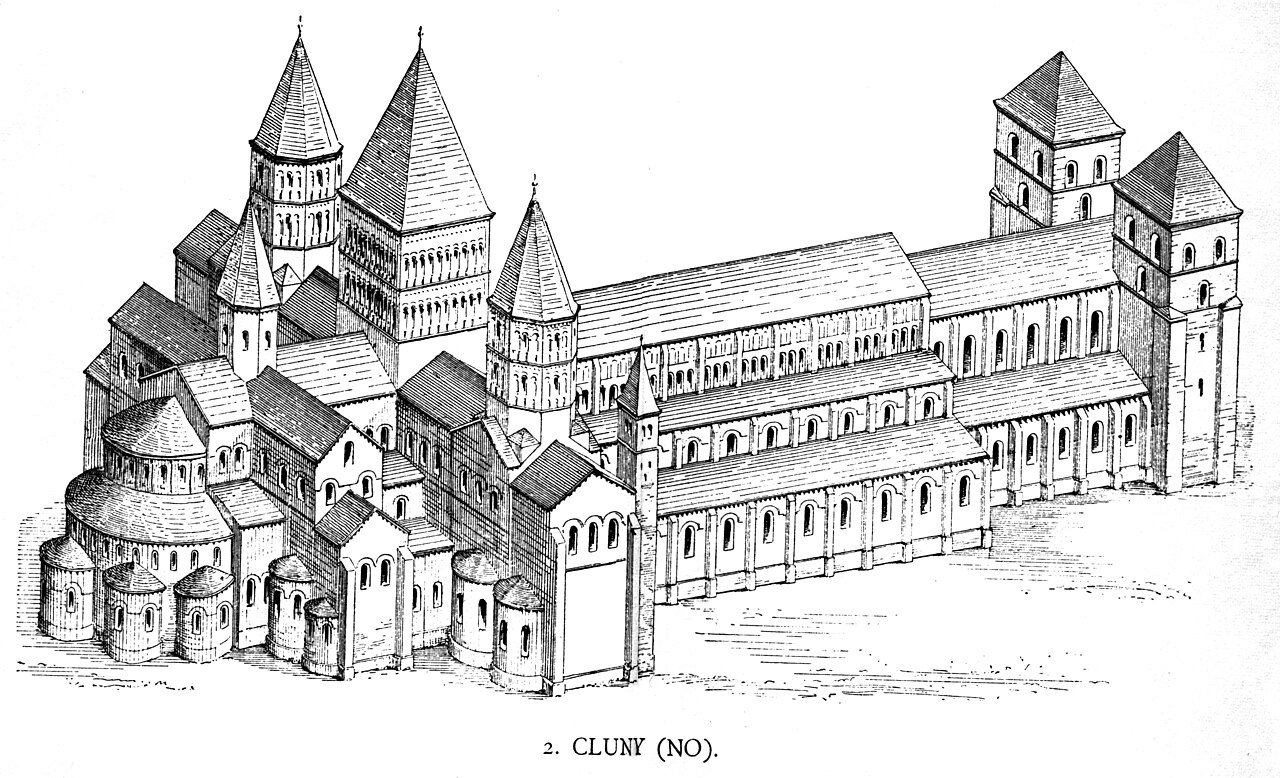 Dessin en perspective d’une église complète avec une longue nef couverte, des tours, des toitures et un chevet arrondi ; légende imprimée « 2. CLUNY (NO). ».