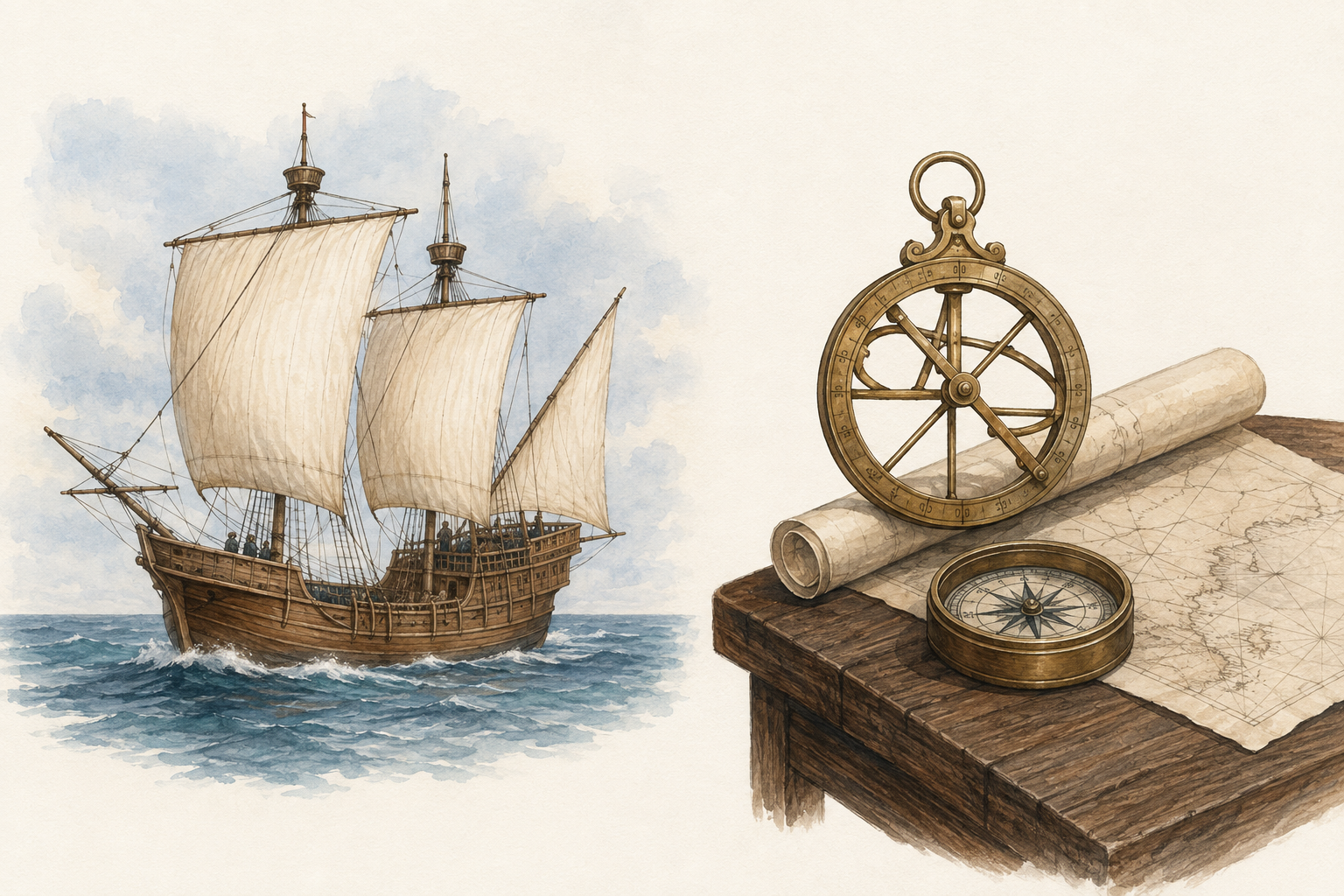 Caravelle, boussole et astrolabe marin.