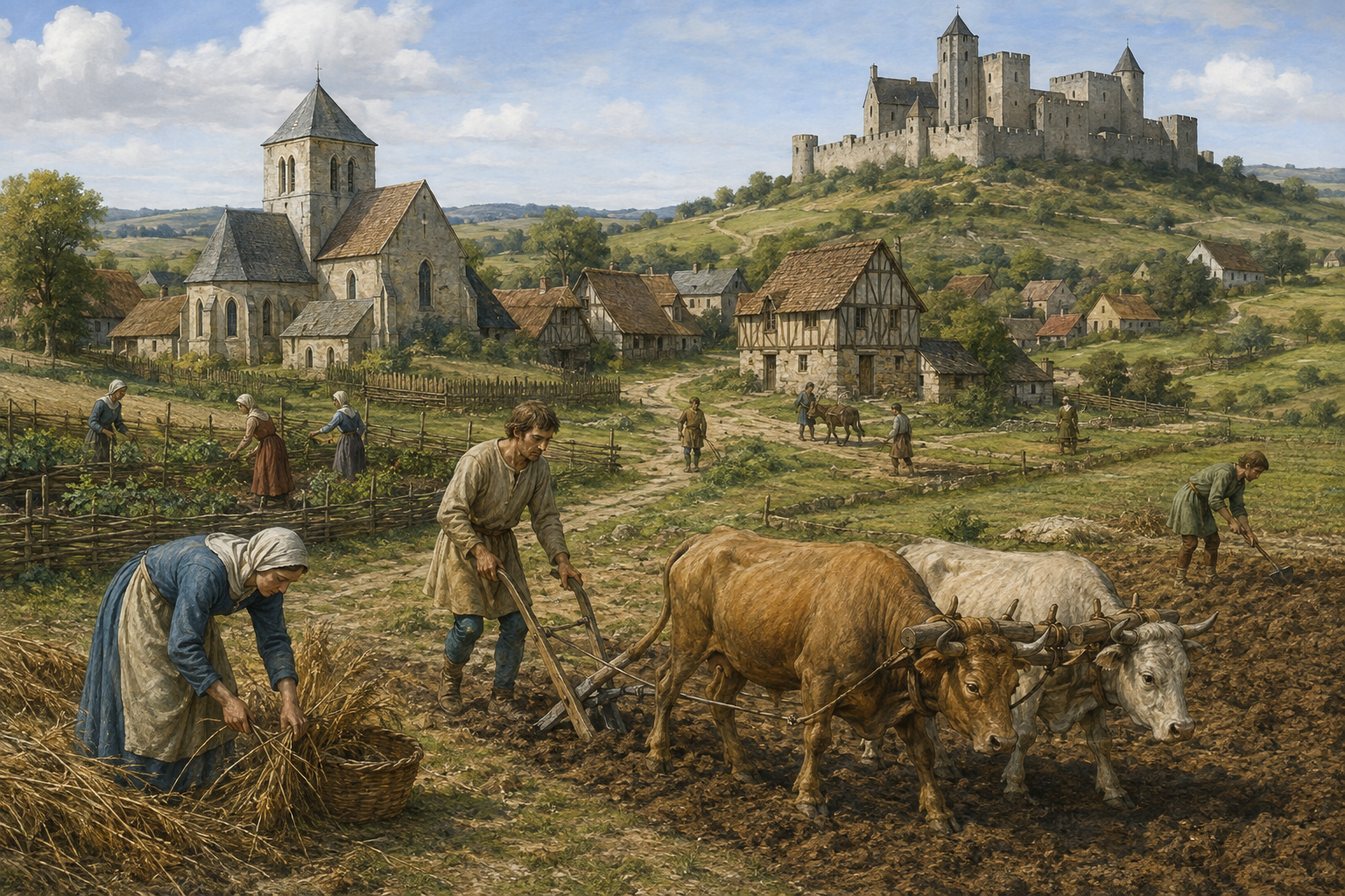 Village médiéval, château et activités agricoles.