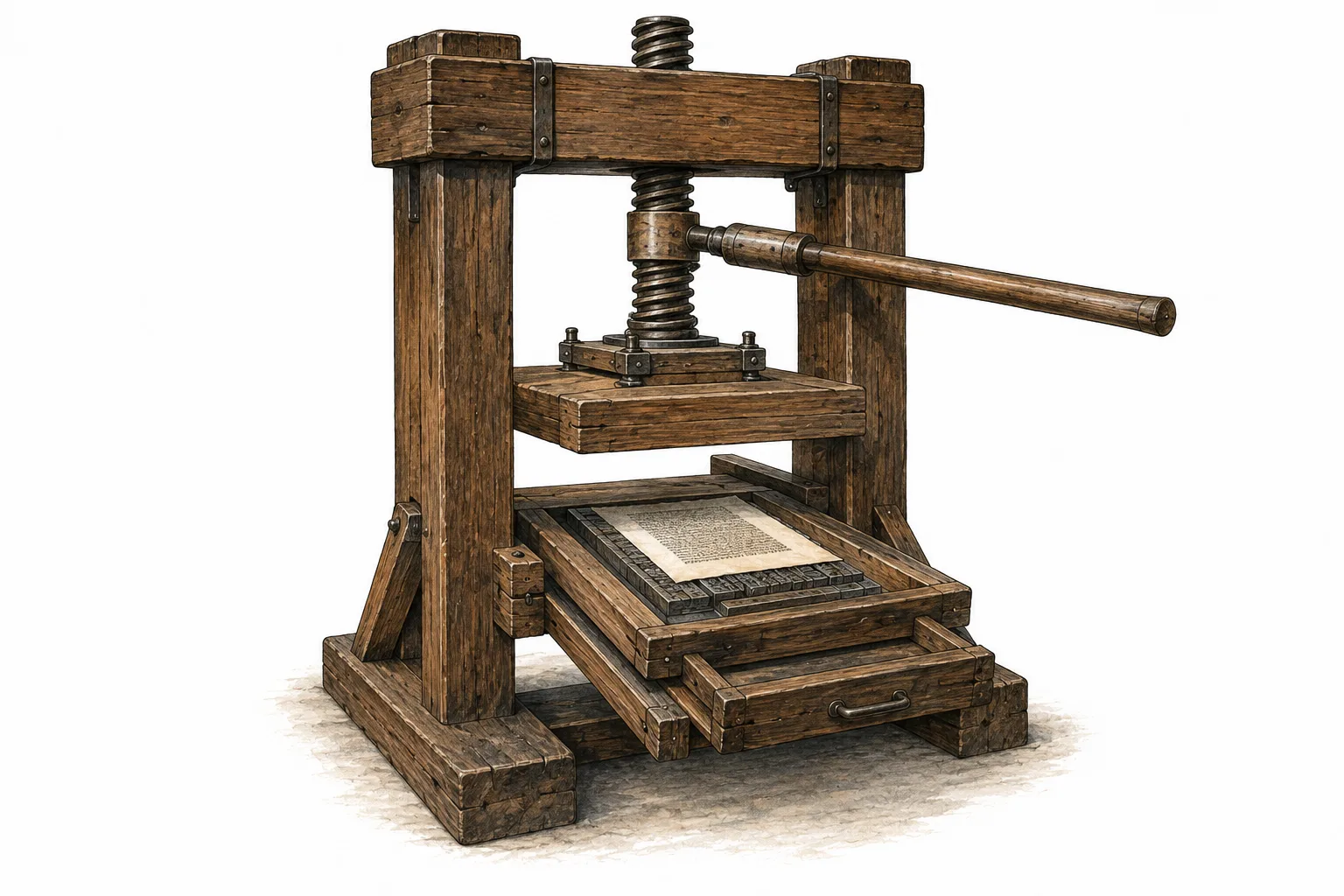 Presse d’imprimerie illustrée.