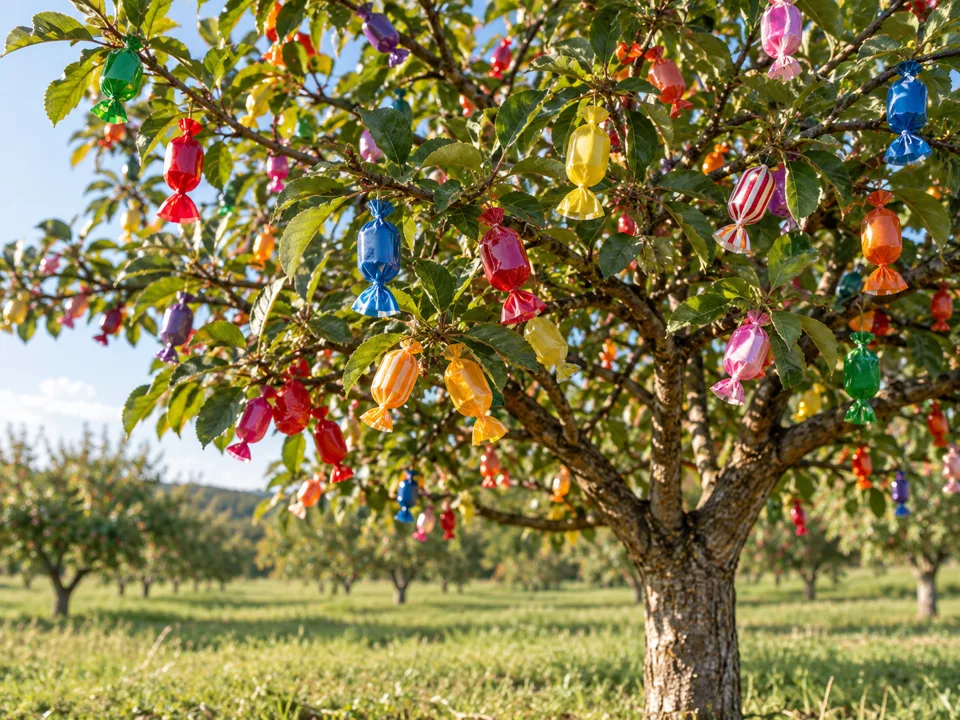 Un arbre couvert de bonbons multicolores