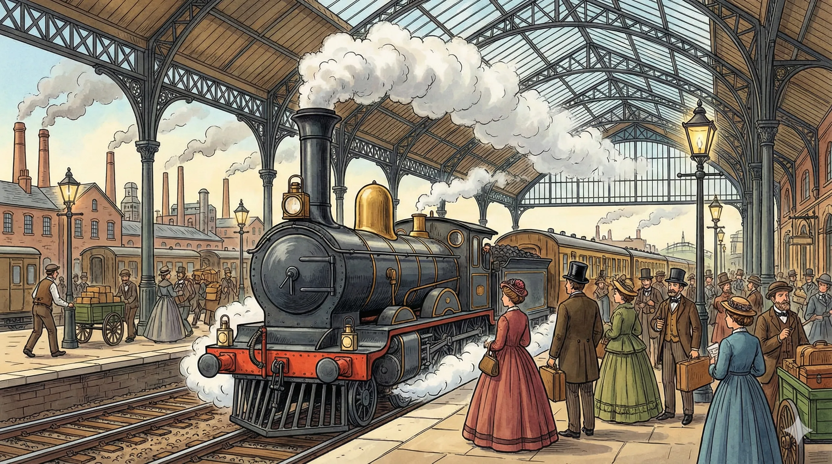 Gare et locomotive à vapeur dans une scène illustrée.