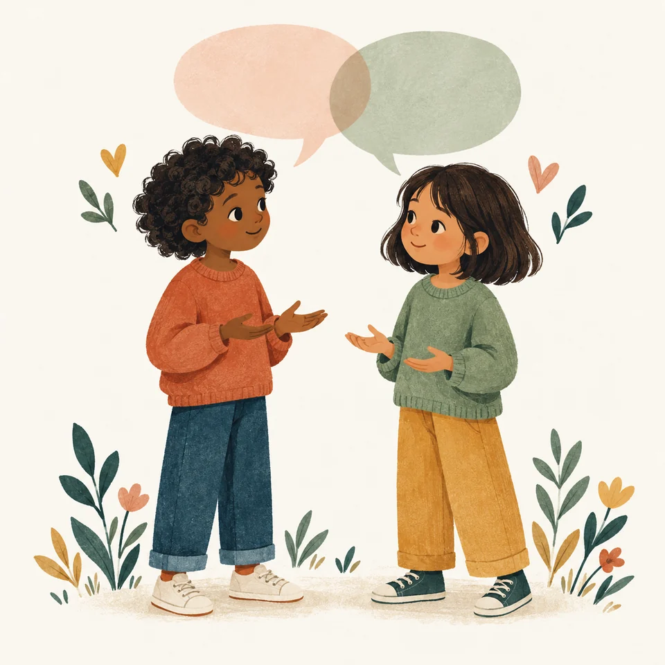 Deux enfants se parlent et s’écoutent calmement.